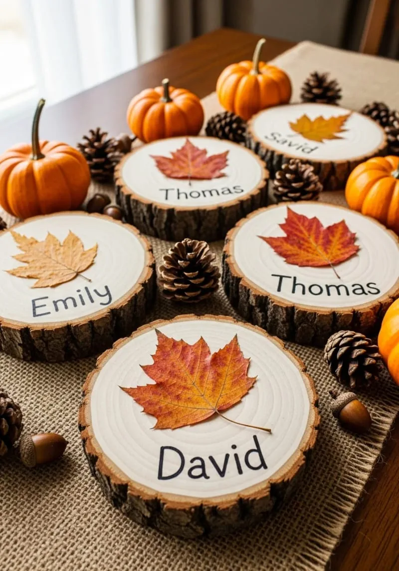 painted wood slice place cards with pressed leaves 1