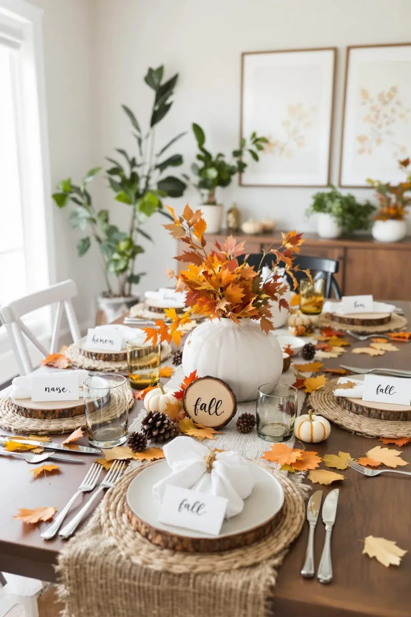 painted wood slice place cards with pressed leaves 1