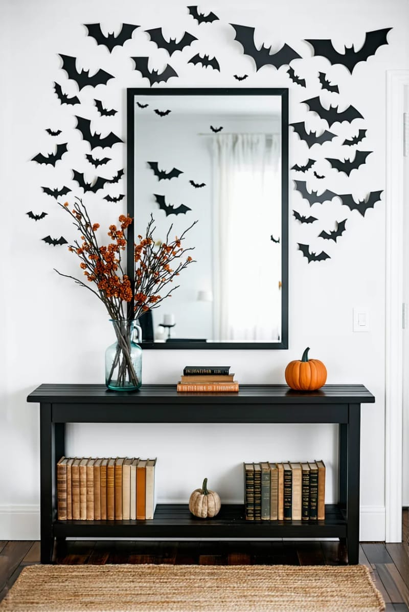 paper bats flying in a swirl around a monochrome entryway mirror 1