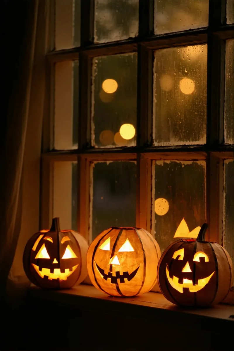 paper lantern jack-o-lanterns glowing in the window at night 1