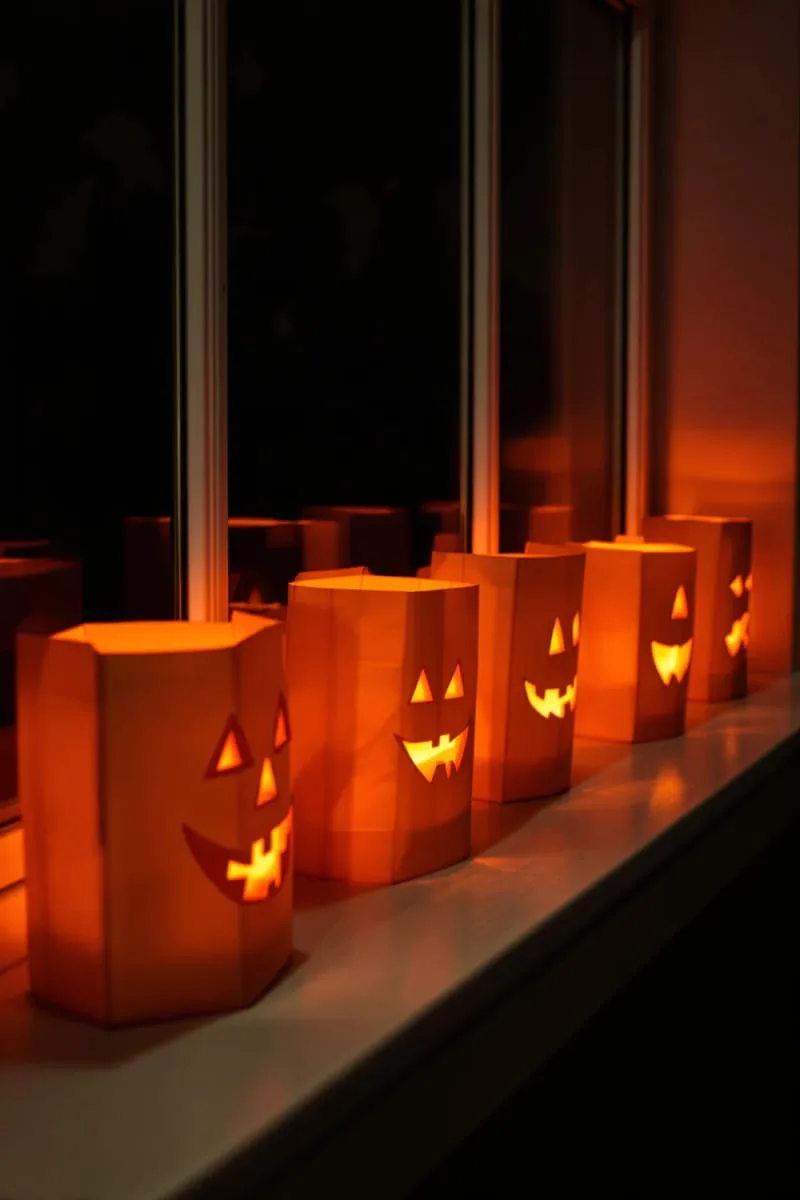 paper lantern jack-o-lanterns glowing in the window at night 1