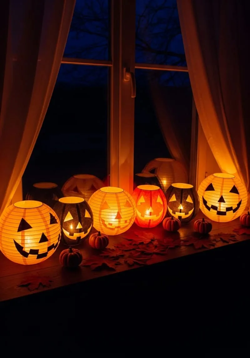 paper lantern jack-o-lanterns glowing in the window at night 1