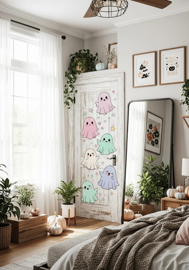 21 Super Cute Halloween Decor Ideas With A Unique Style 32 pastel ghost decals for mirrors and doors 1