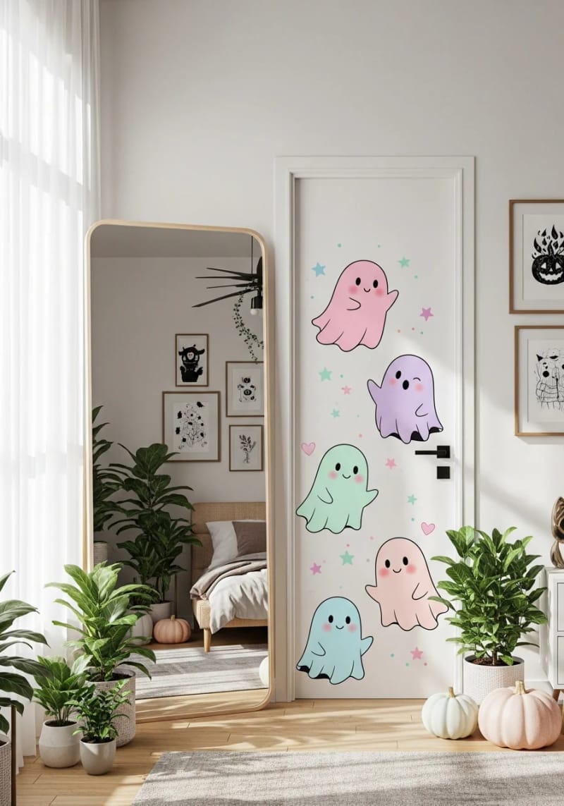 21 Super Cute Halloween Decor Ideas With A Unique Style 33 pastel ghost decals for mirrors and doors 1