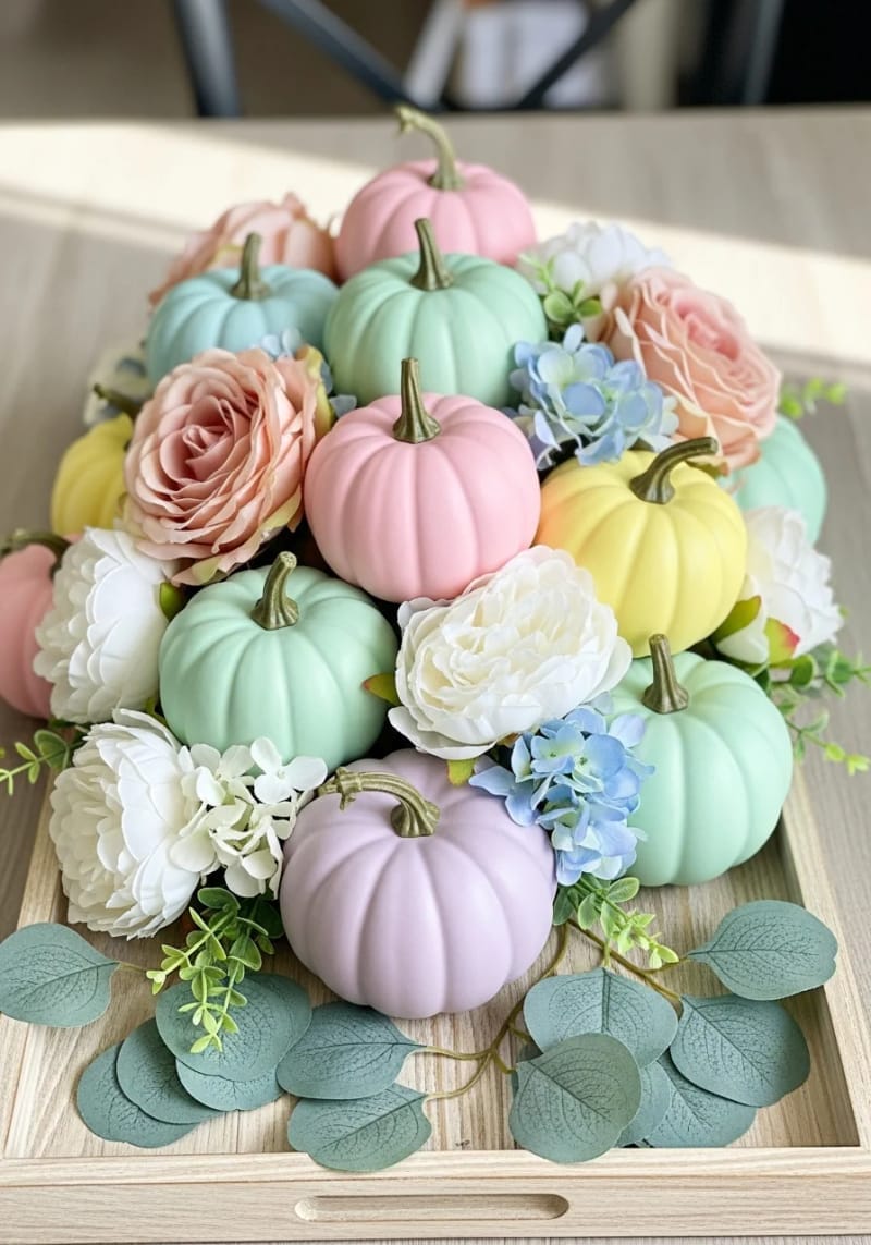 pastel pumpkin patch centerpiece with faux flowers 1