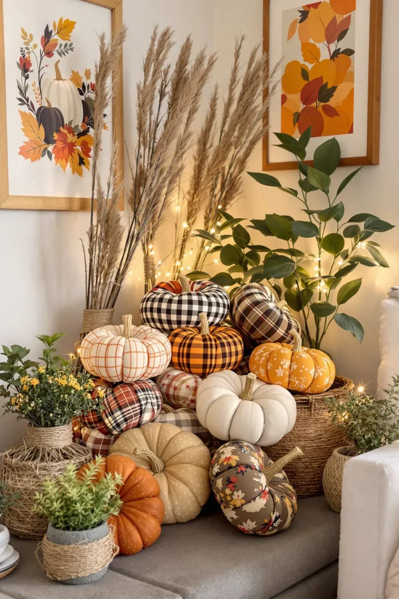 patchwork fabric pumpkins in mismatched fall patterns 1