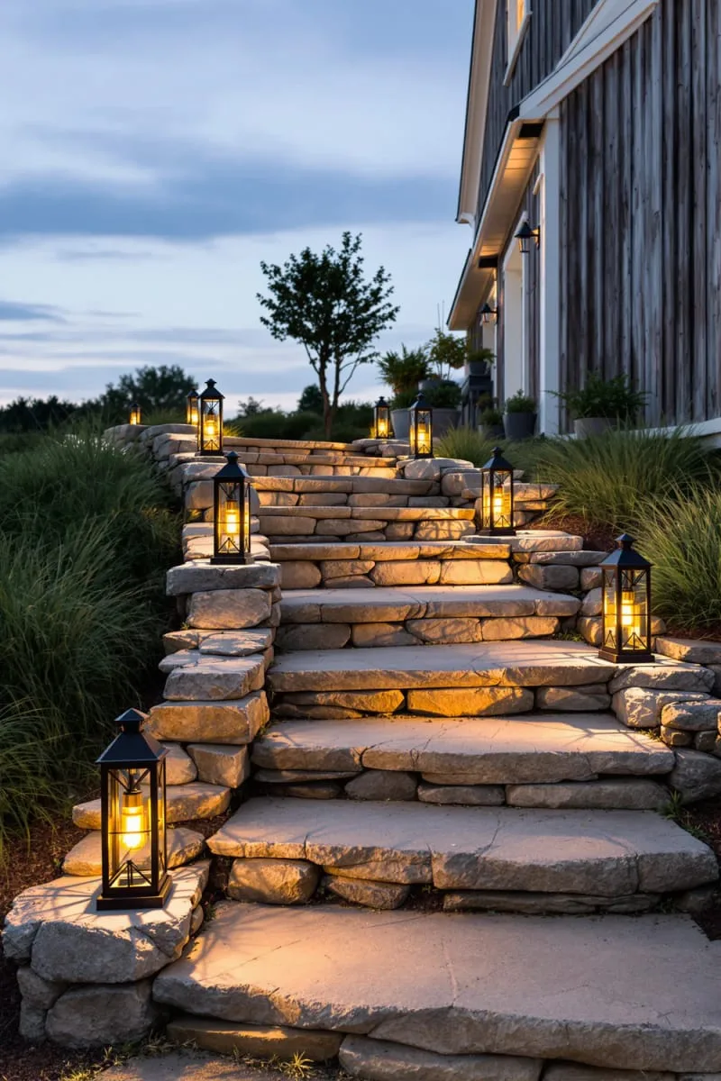 pathway illuminated with lanterns set on stacked stone steps 1