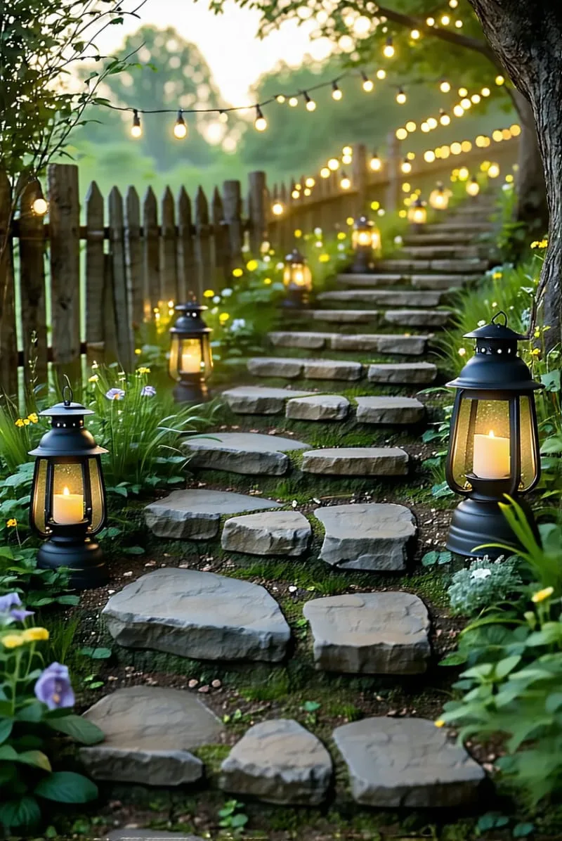 pathway illuminated with lanterns set on stacked stone steps 1