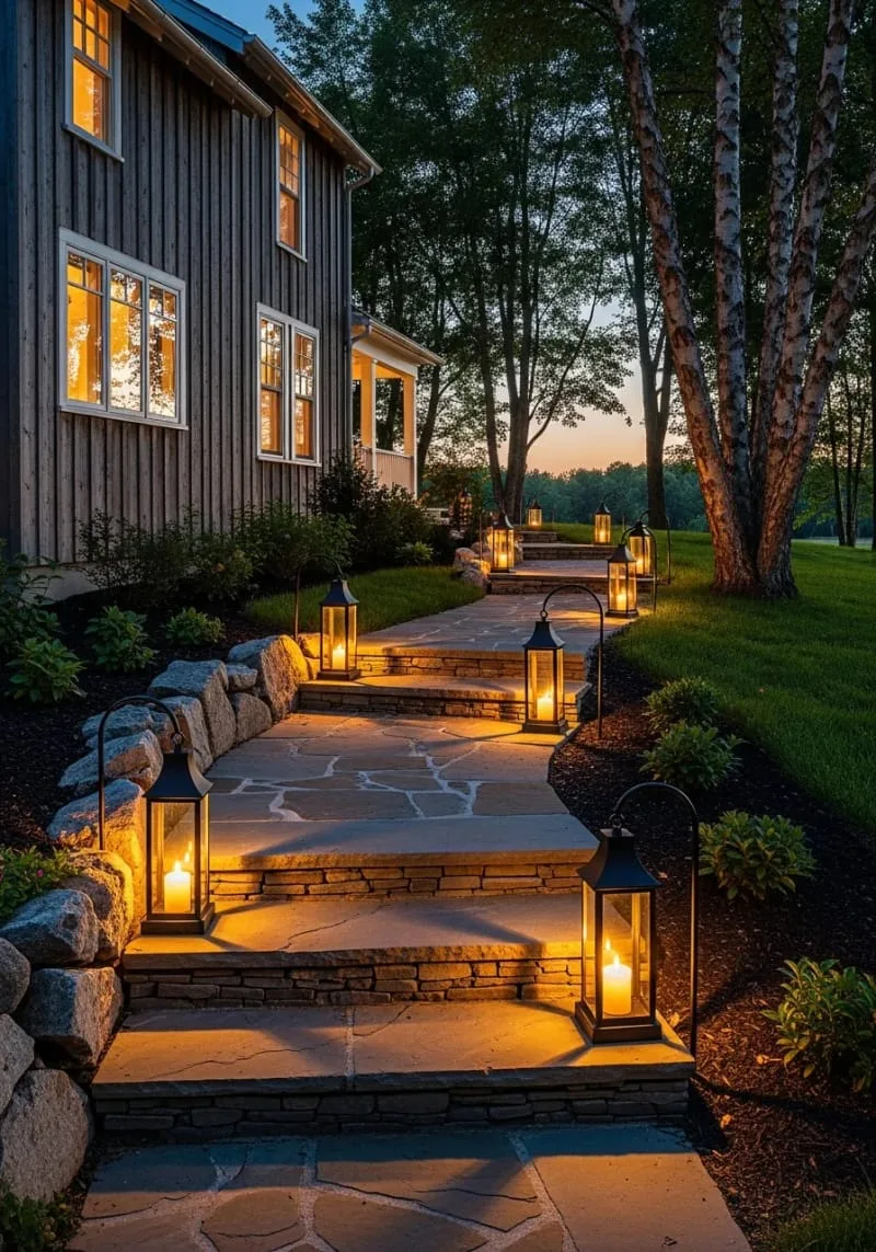 pathway illuminated with lanterns set on stacked stone steps 1