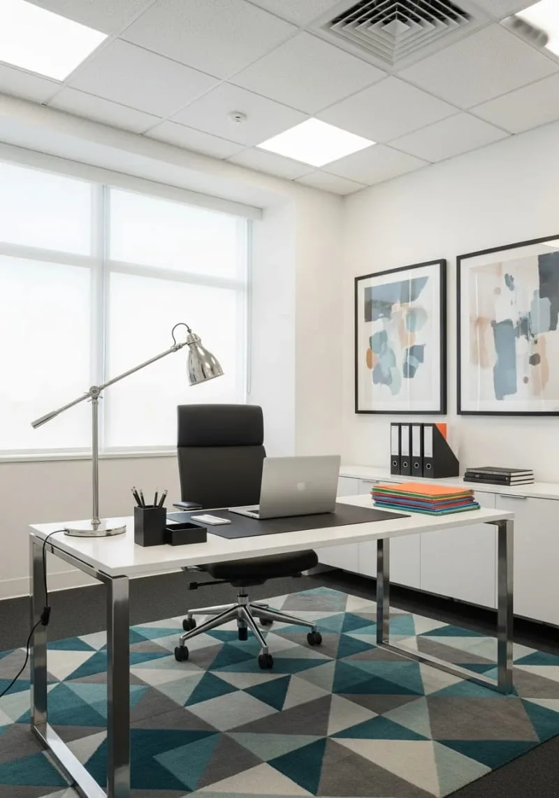 patterned rug adding texture and personality under a modern desk 1