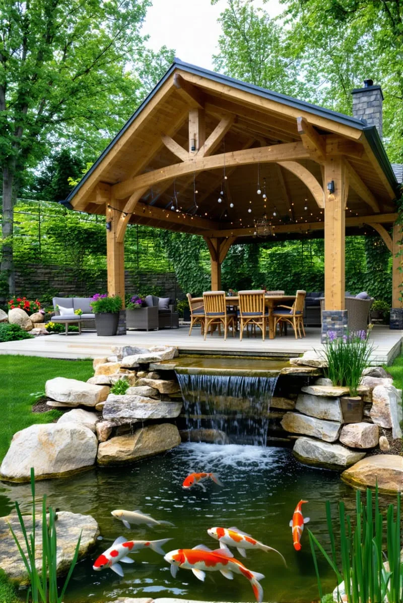 19 Inspiring Backyard Pavilion Ideas: Unique Designs You Can't Miss 23 pavilion with cascading waterfall feature and koi pond nearby 1