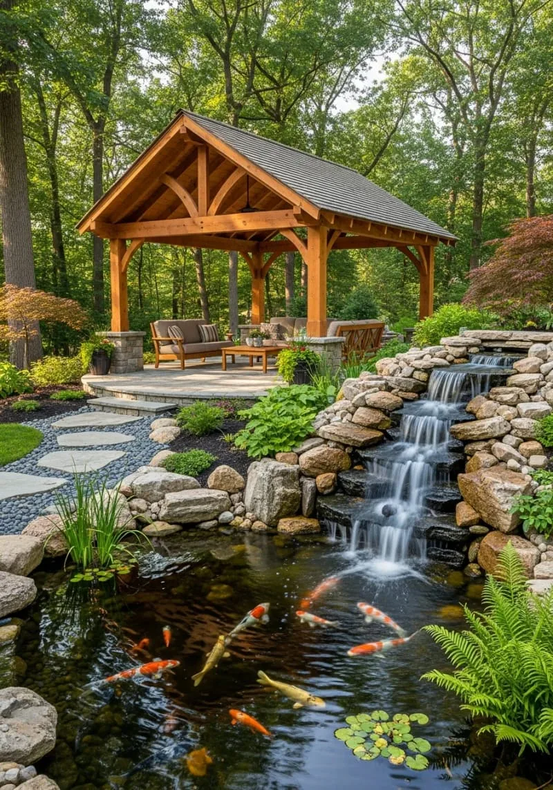 19 Inspiring Backyard Pavilion Ideas: Unique Designs You Can't Miss 25 pavilion with cascading waterfall feature and koi pond nearby 1