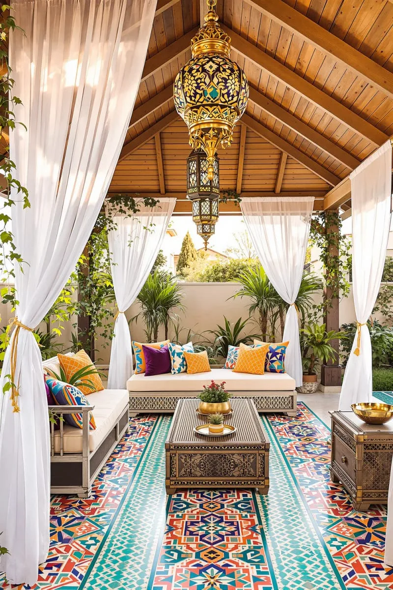 19 Inspiring Backyard Pavilion Ideas: Unique Designs You Can't Miss 53 pavilion with colorful mosaic tile flooring and moroccan lanterns 1