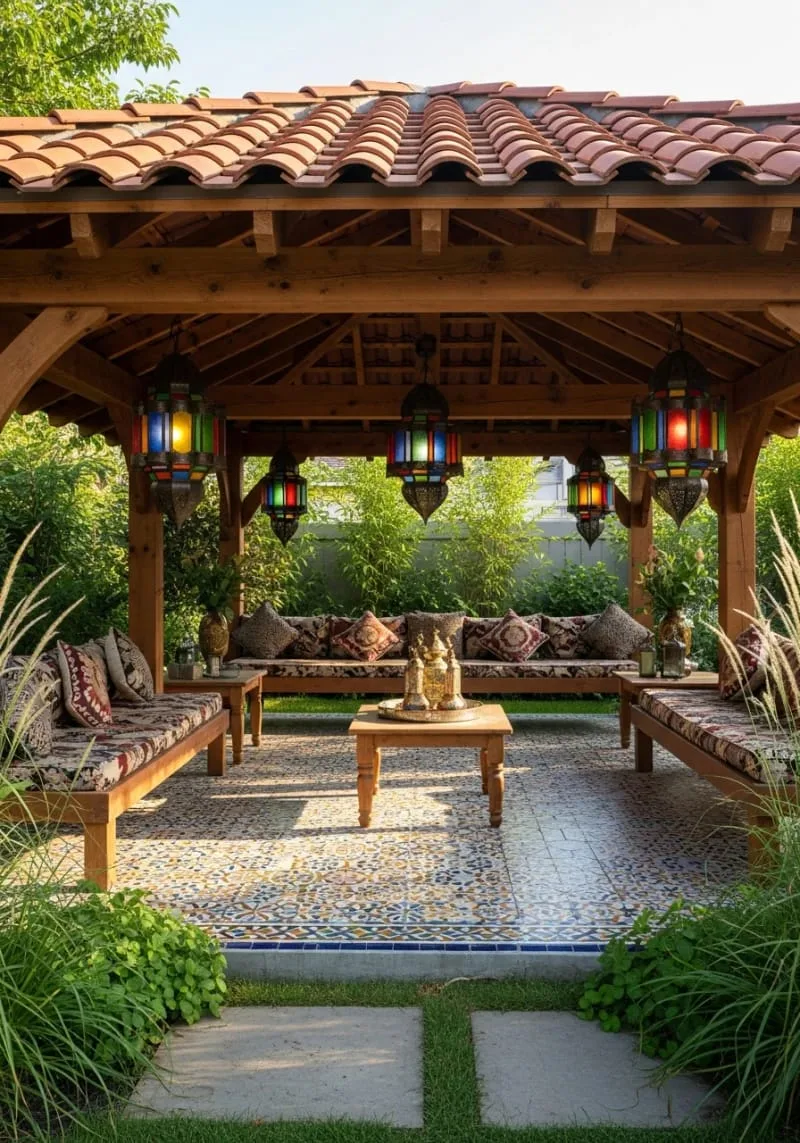 19 Inspiring Backyard Pavilion Ideas: Unique Designs You Can't Miss 54 pavilion with colorful mosaic tile flooring and moroccan lanterns 1