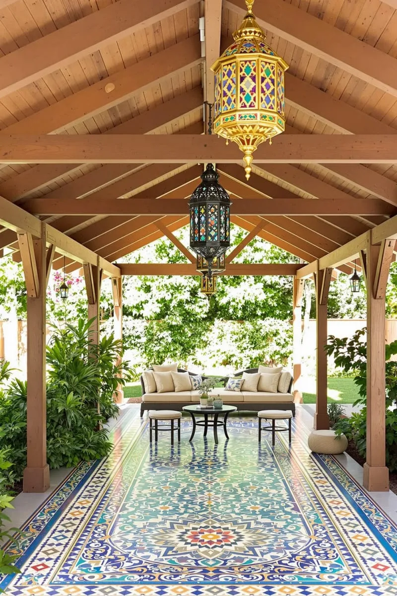 19 Inspiring Backyard Pavilion Ideas: Unique Designs You Can't Miss 55 pavilion with colorful mosaic tile flooring and moroccan lanterns 1