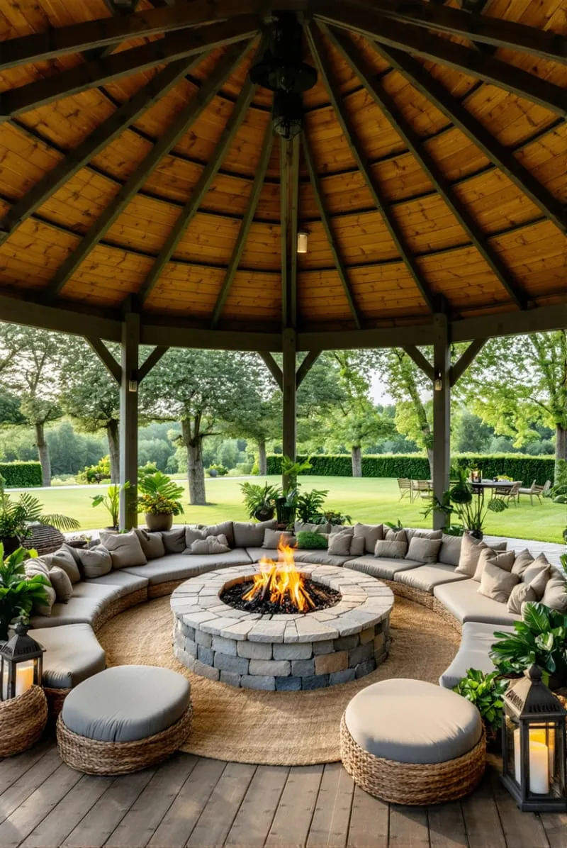 19 Inspiring Backyard Pavilion Ideas: Unique Designs You Can't Miss 41 pavilion with firepit centerpiece and circular sectional seating 1
