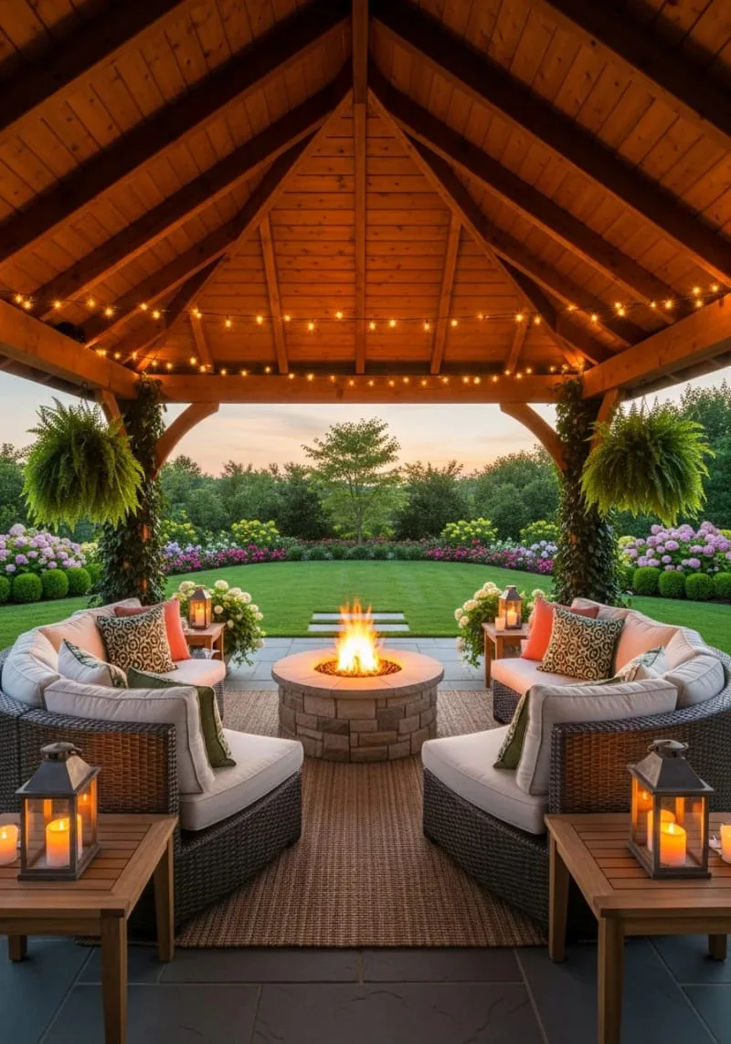 19 Inspiring Backyard Pavilion Ideas: Unique Designs You Can't Miss 42 pavilion with firepit centerpiece and circular sectional seating 1