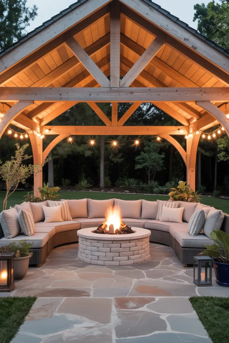19 Inspiring Backyard Pavilion Ideas: Unique Designs You Can't Miss 43 pavilion with firepit centerpiece and circular sectional seating 1