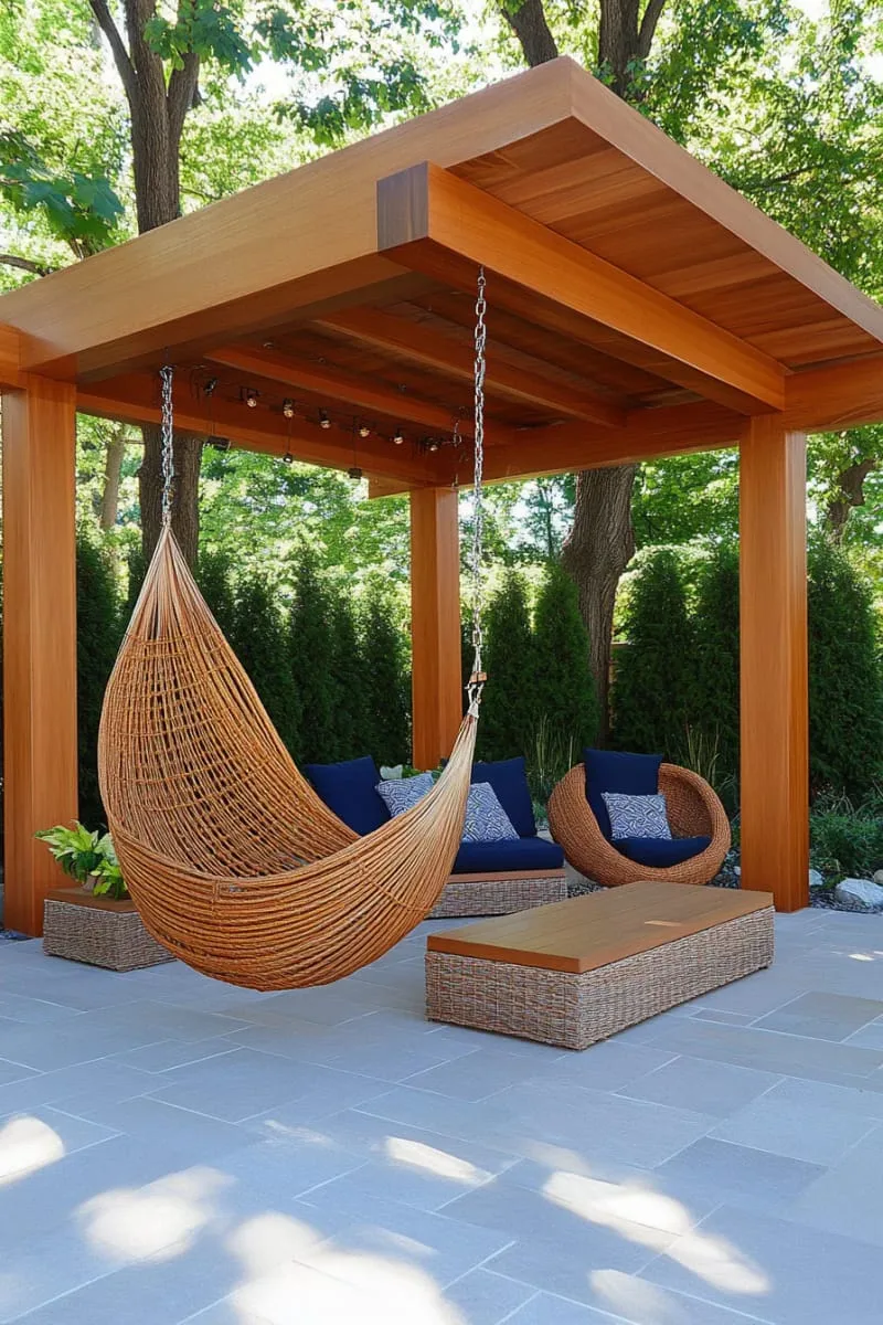 19 Inspiring Backyard Pavilion Ideas: Unique Designs You Can't Miss 51 pavilion with hammock corner and sculptural hanging chairs 1