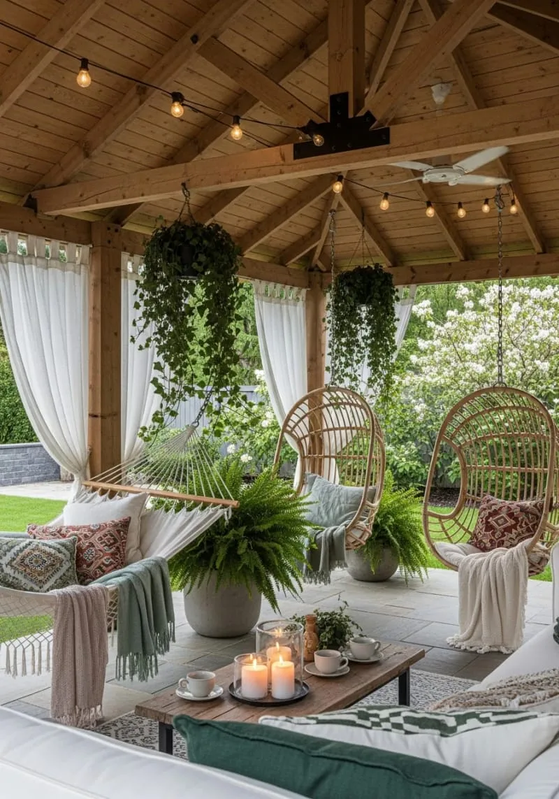 19 Inspiring Backyard Pavilion Ideas: Unique Designs You Can't Miss 52 pavilion with hammock corner and sculptural hanging chairs 1