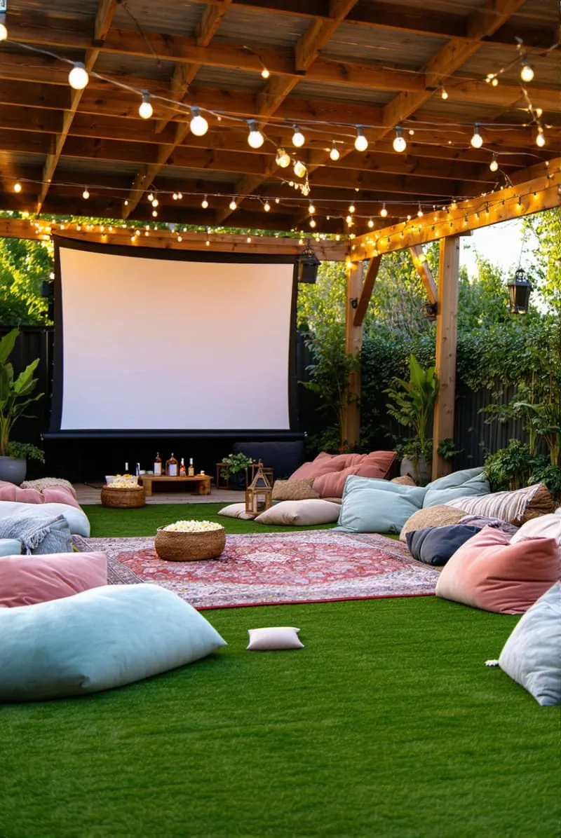 19 Inspiring Backyard Pavilion Ideas: Unique Designs You Can't Miss 32 pavilion with outdoor movie projector and comfy bean bags 1
