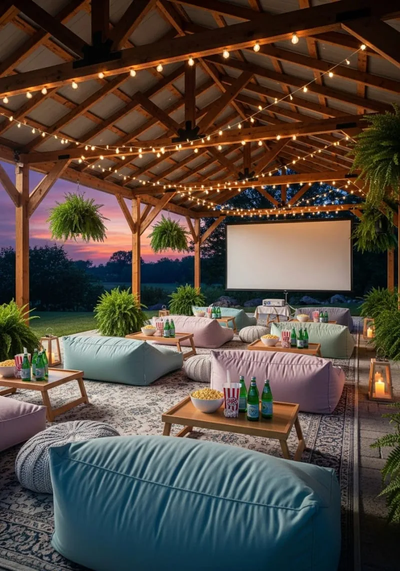 19 Inspiring Backyard Pavilion Ideas: Unique Designs You Can't Miss 33 pavilion with outdoor movie projector and comfy bean bags 1