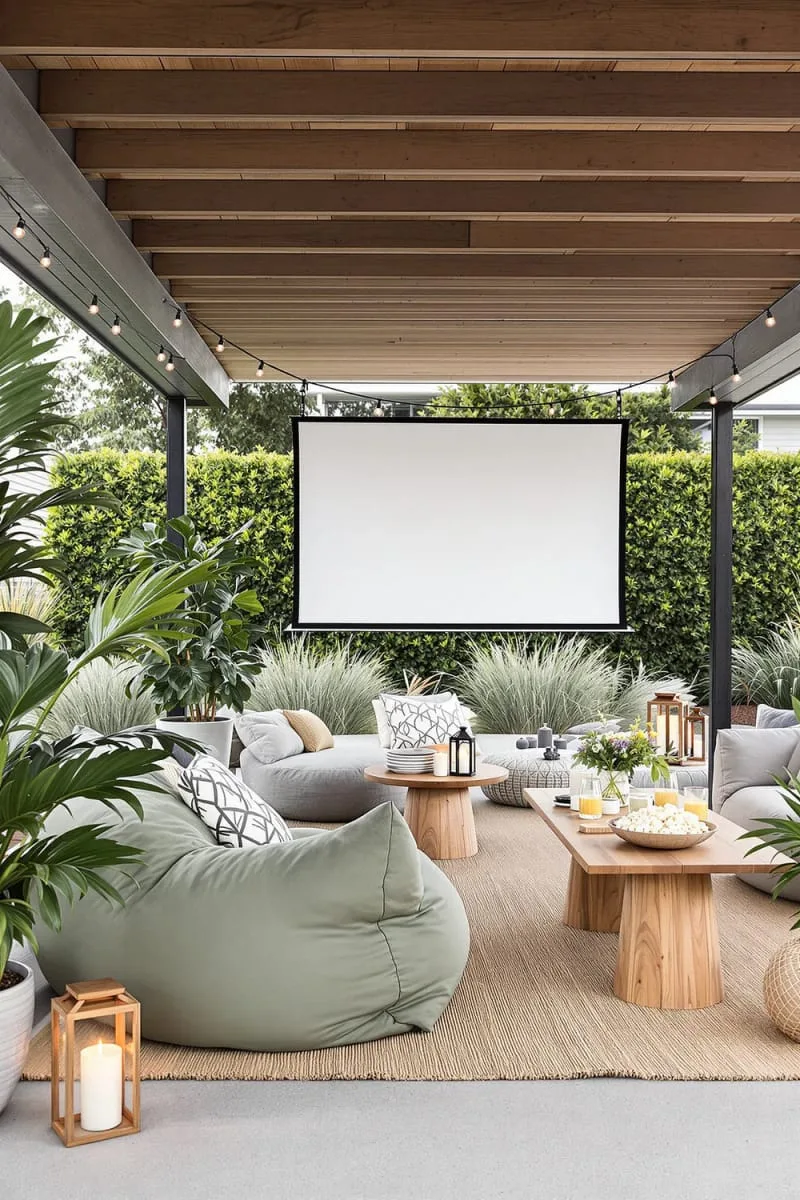 19 Inspiring Backyard Pavilion Ideas: Unique Designs You Can't Miss 34 pavilion with outdoor movie projector and comfy bean bags 1