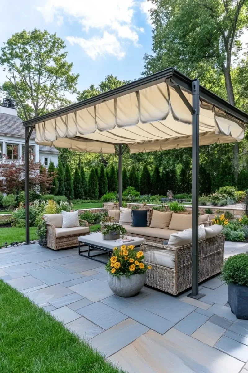 19 Inspiring Backyard Pavilion Ideas: Unique Designs You Can't Miss 30 pavilion with retractable canopy shades for adjustable sunlight 1