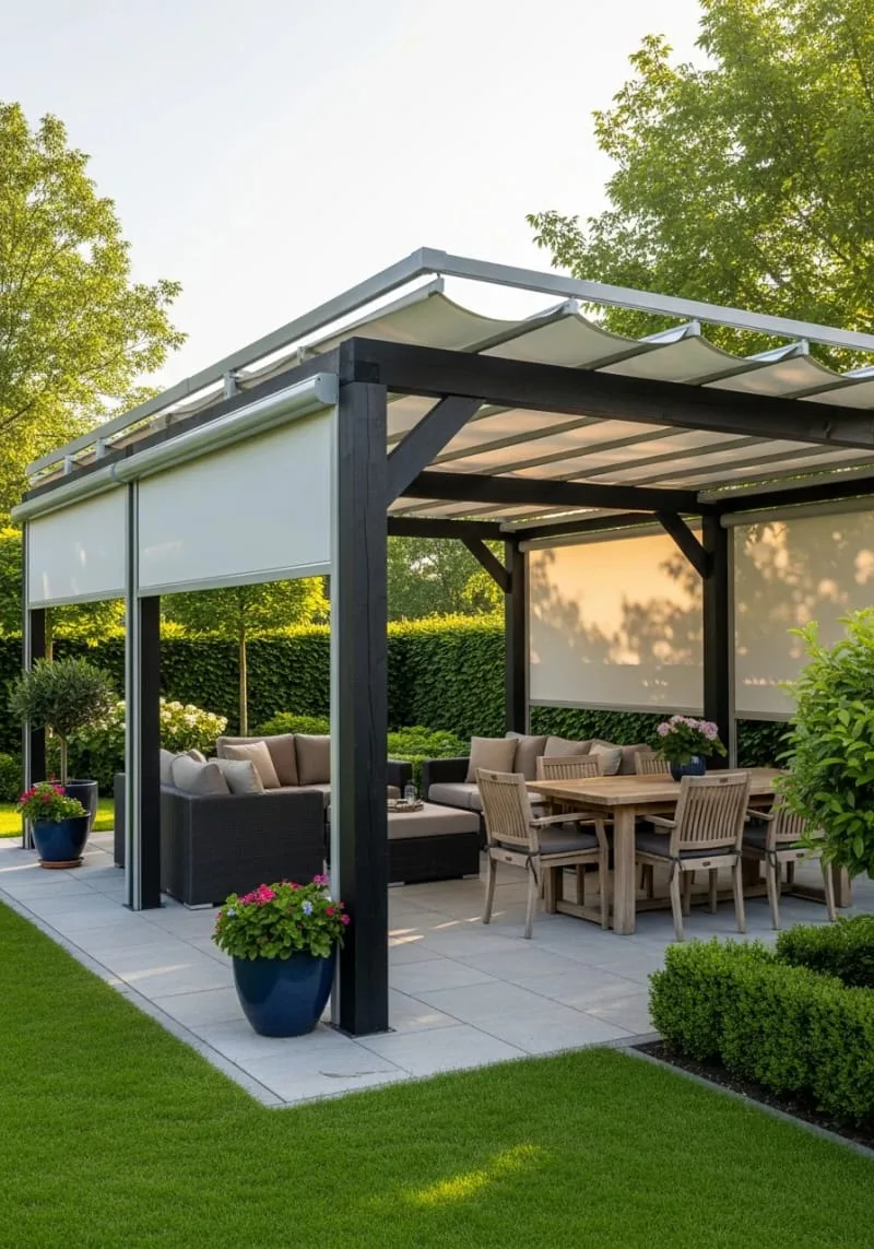 19 Inspiring Backyard Pavilion Ideas: Unique Designs You Can't Miss 31 pavilion with retractable canopy shades for adjustable sunlight 1
