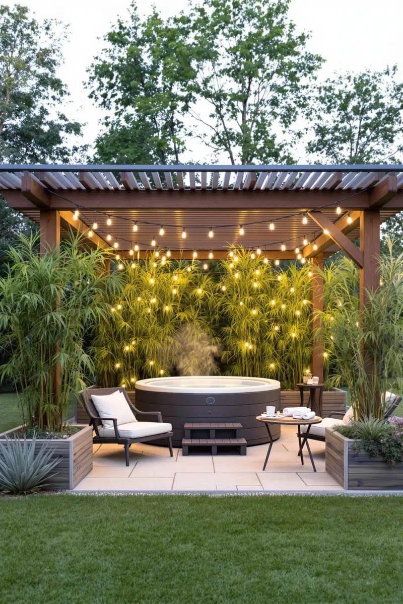 19 Inspiring Backyard Pavilion Ideas: Unique Designs You Can't Miss 44 pavilion with spa hot tub and privacy planters for relaxation 1