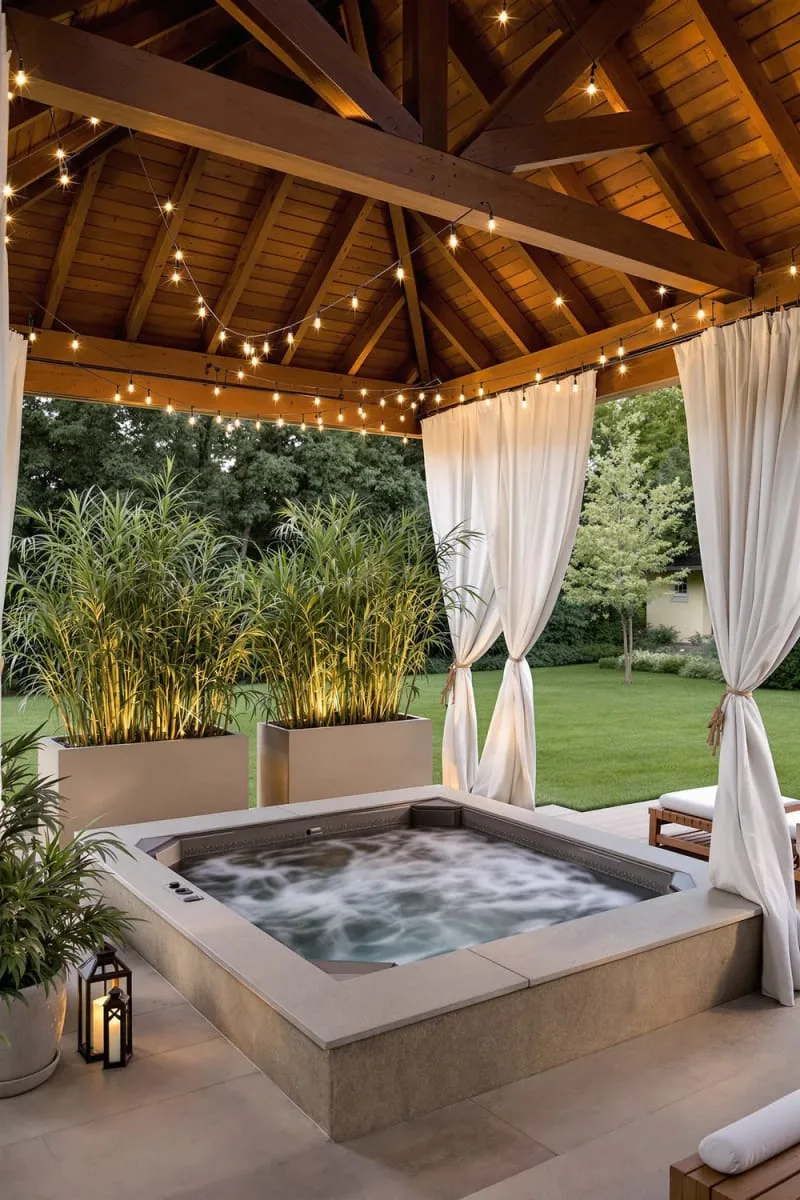 19 Inspiring Backyard Pavilion Ideas: Unique Designs You Can't Miss 45 pavilion with spa hot tub and privacy planters for relaxation 1