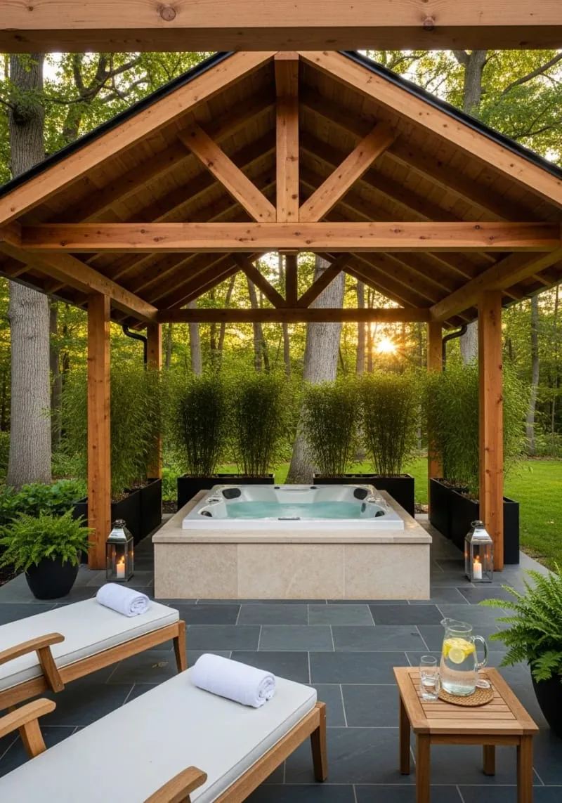 19 Inspiring Backyard Pavilion Ideas: Unique Designs You Can't Miss 46 pavilion with spa hot tub and privacy planters for relaxation 1