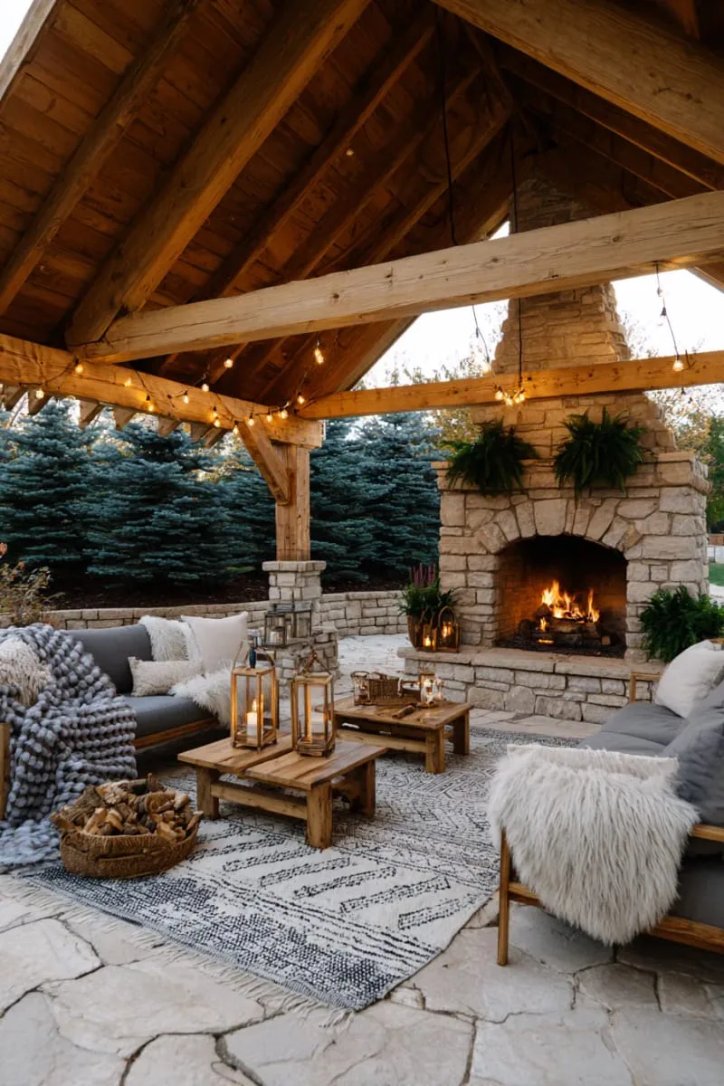 19 Inspiring Backyard Pavilion Ideas: Unique Designs You Can't Miss 3 pavilion with stone fireplace and cozy lounge seating for chilly nights 1