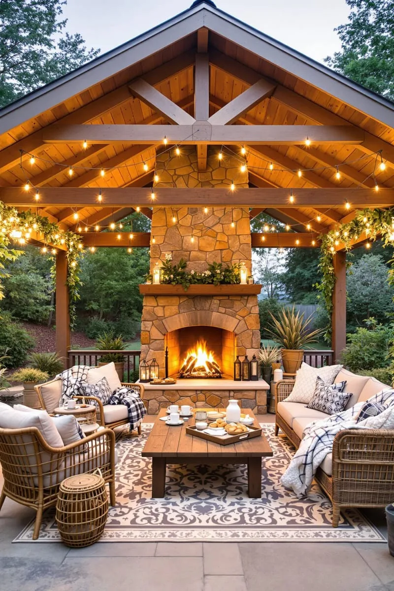 19 Inspiring Backyard Pavilion Ideas: Unique Designs You Can't Miss 4 pavilion with stone fireplace and cozy lounge seating for chilly nights 1