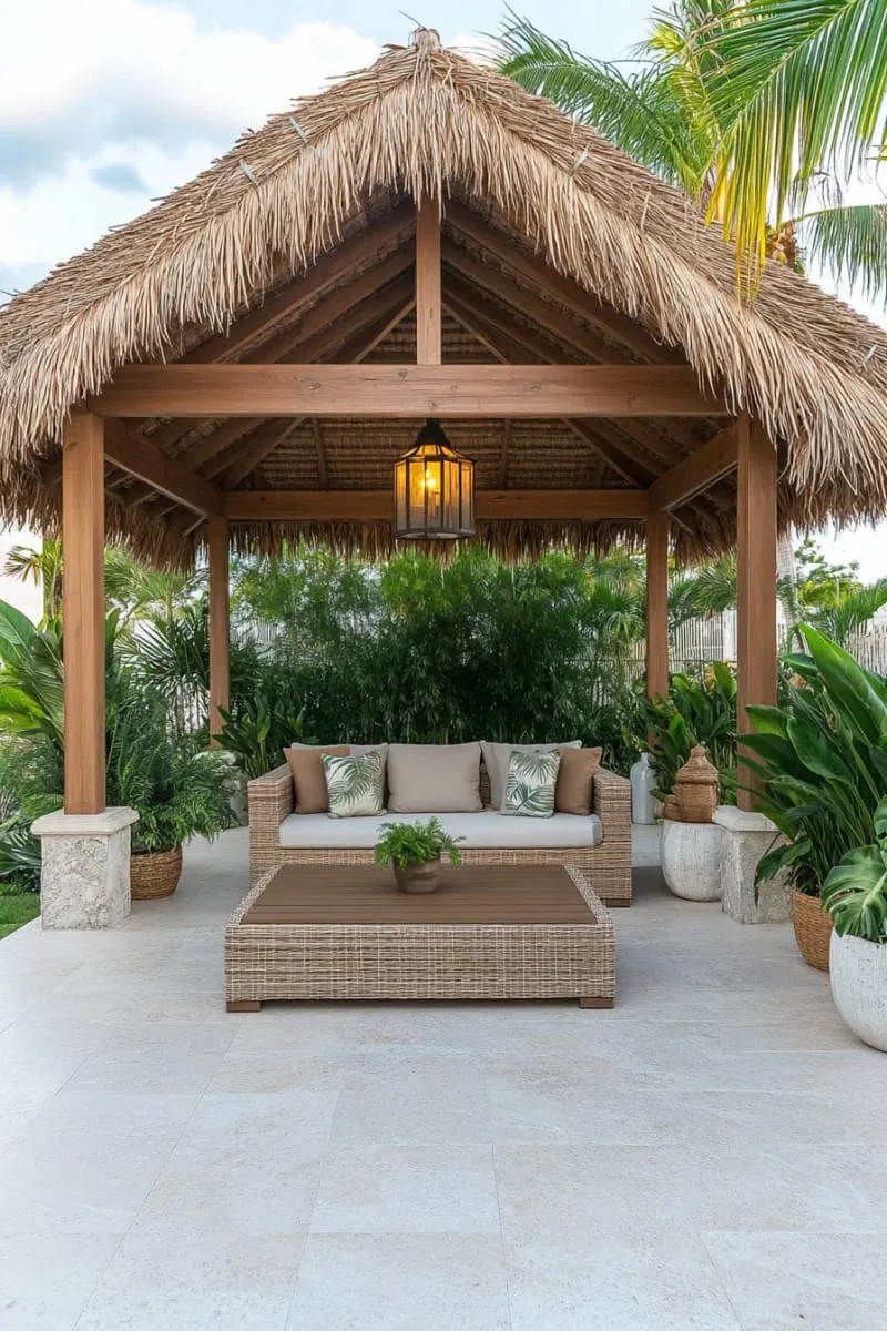 19 Inspiring Backyard Pavilion Ideas: Unique Designs You Can't Miss 47 pavilion with tropical plants and bamboo fencing for a resort vibe 1