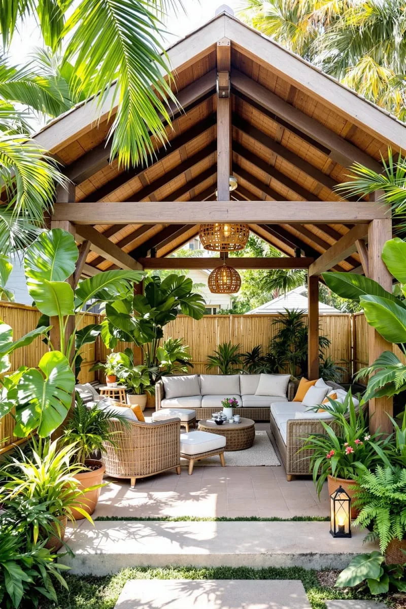 19 Inspiring Backyard Pavilion Ideas: Unique Designs You Can't Miss 48 pavilion with tropical plants and bamboo fencing for a resort vibe 1