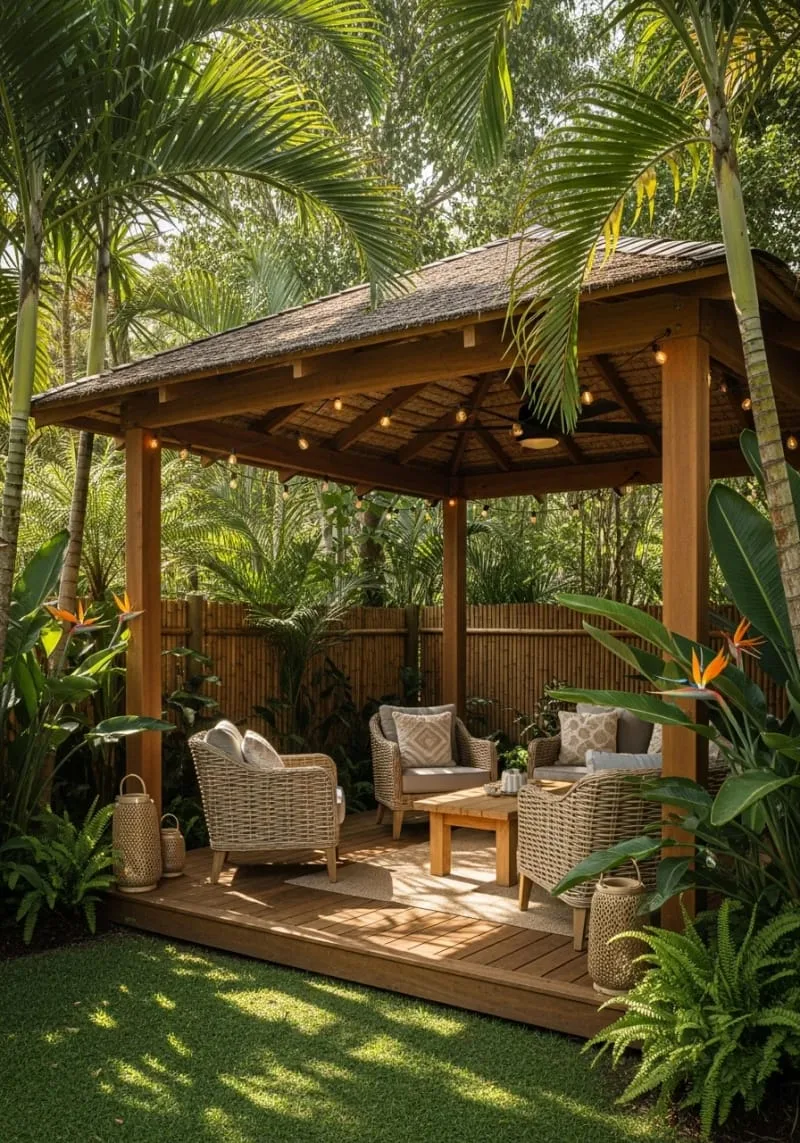19 Inspiring Backyard Pavilion Ideas: Unique Designs You Can't Miss 49 pavilion with tropical plants and bamboo fencing for a resort vibe 1