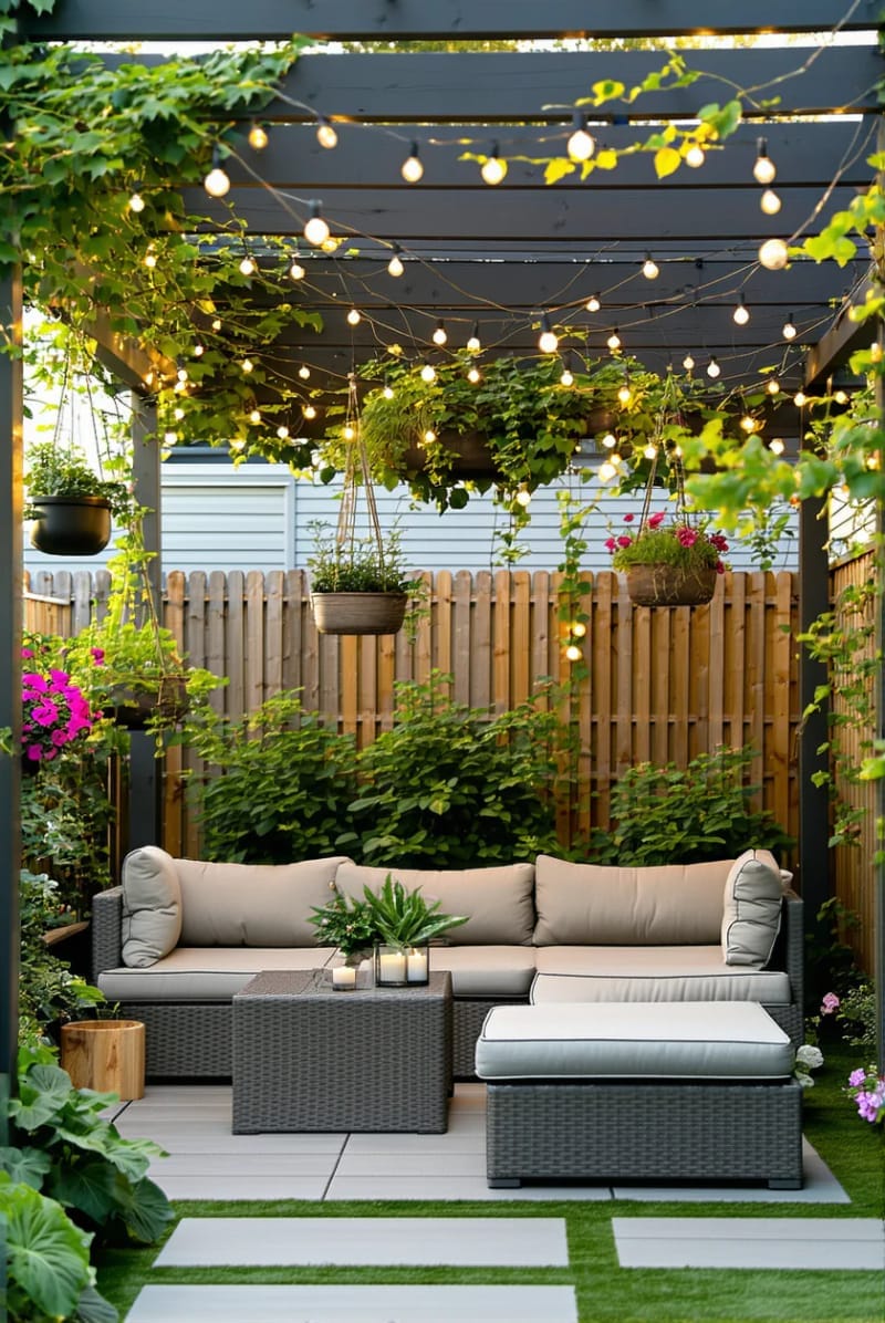pergola adorned with hanging planters and solar-powered string lights 1