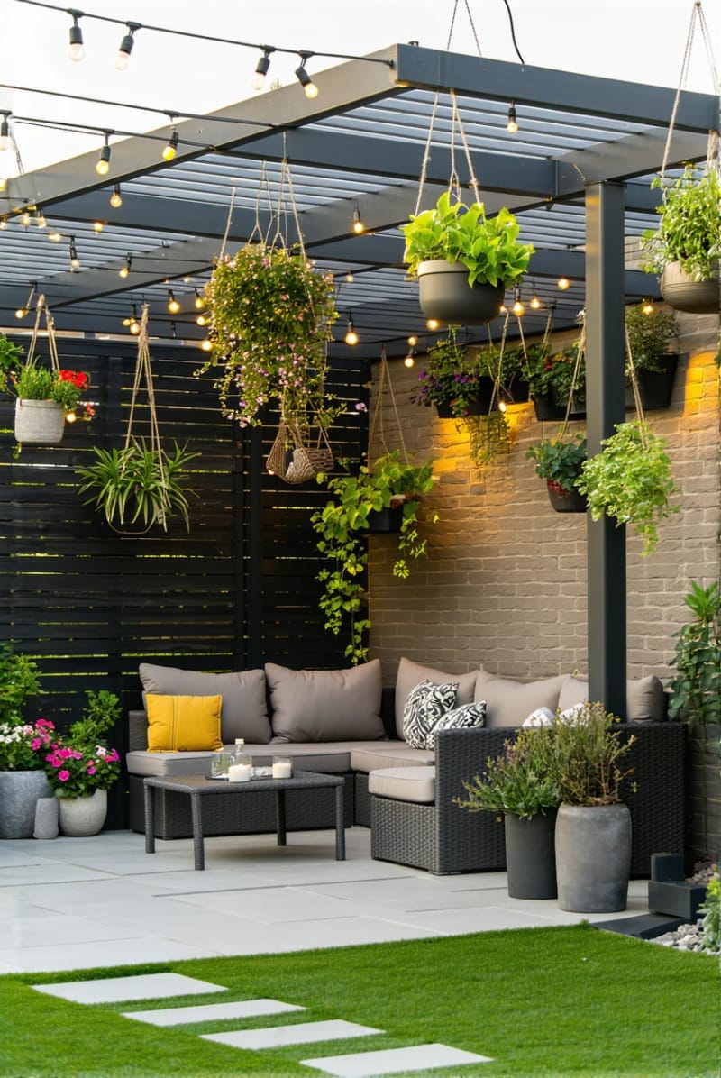 pergola adorned with hanging planters and solar-powered string lights 1