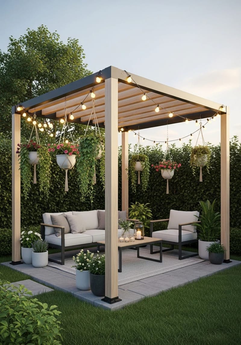 pergola adorned with hanging planters and solar-powered string lights 1