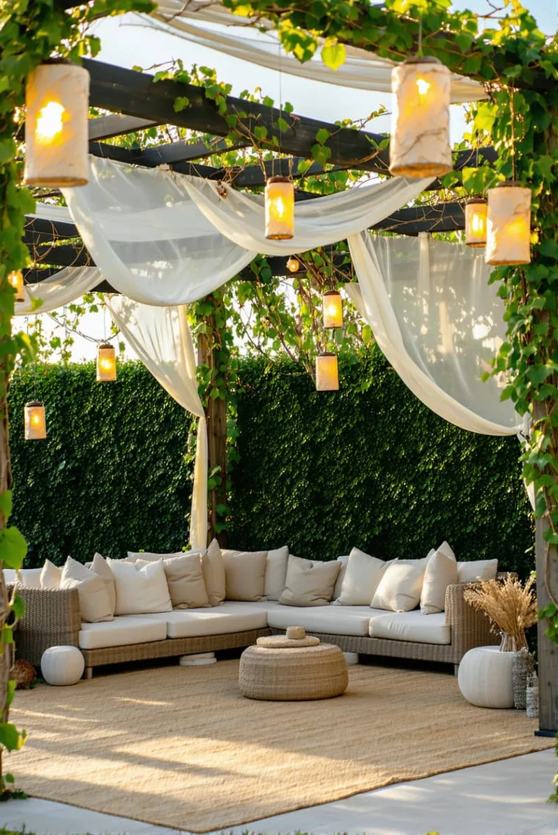 27 Unique Backyard Privacy Designs for A Serene Outdoor Oasis 51 pergola draped in billowy white fabric and lanterns 1