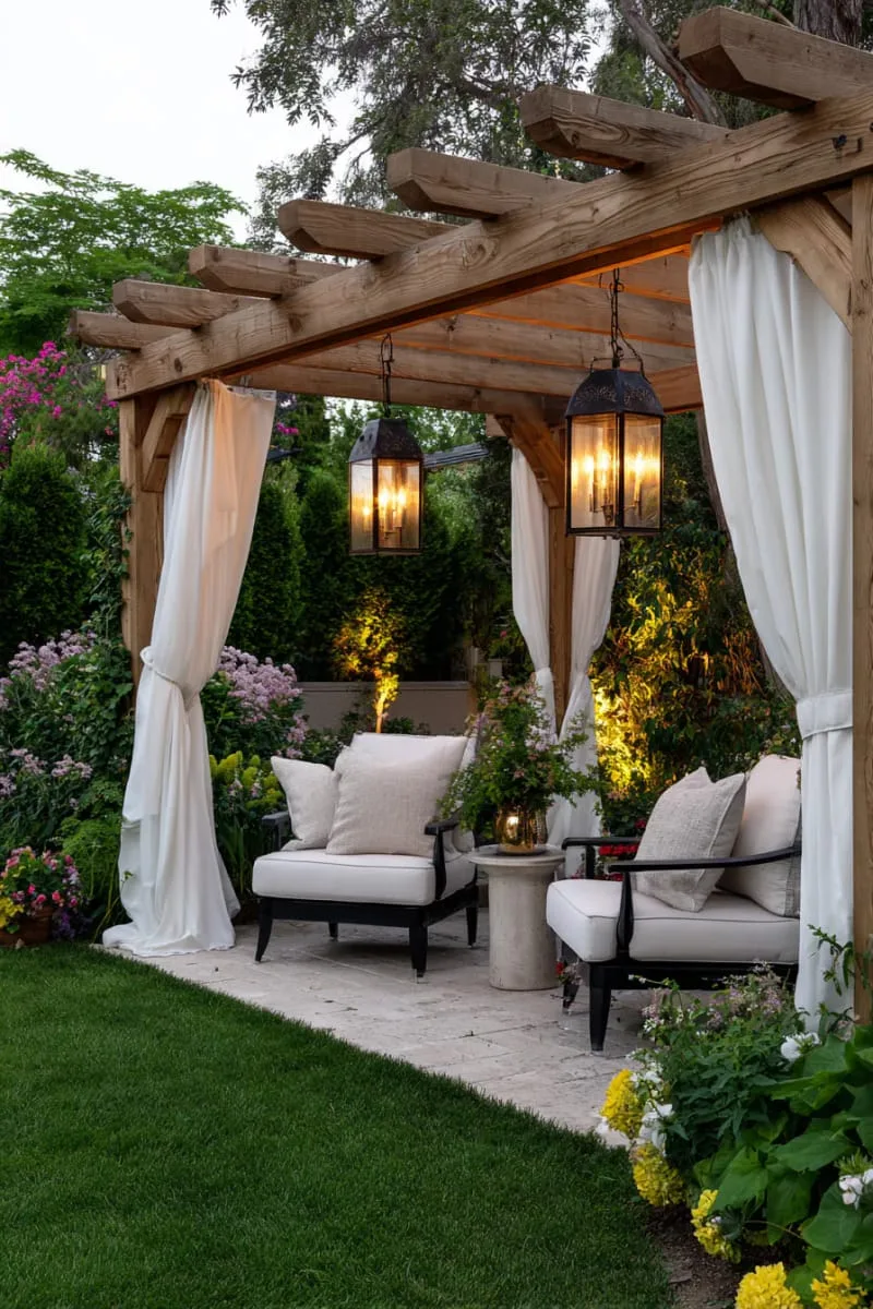 27 Unique Backyard Privacy Designs for A Serene Outdoor Oasis 52 pergola draped in billowy white fabric and lanterns 1