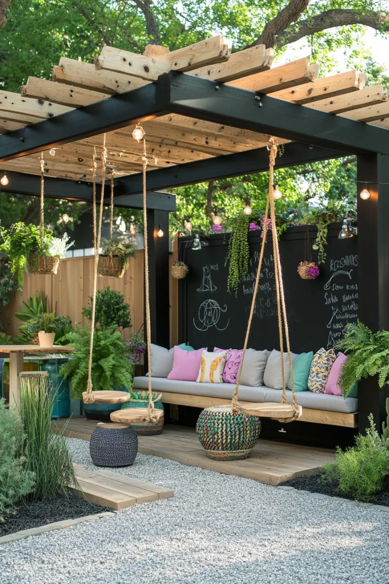 pergola with built-in bench swings and playful backyard decor 1
