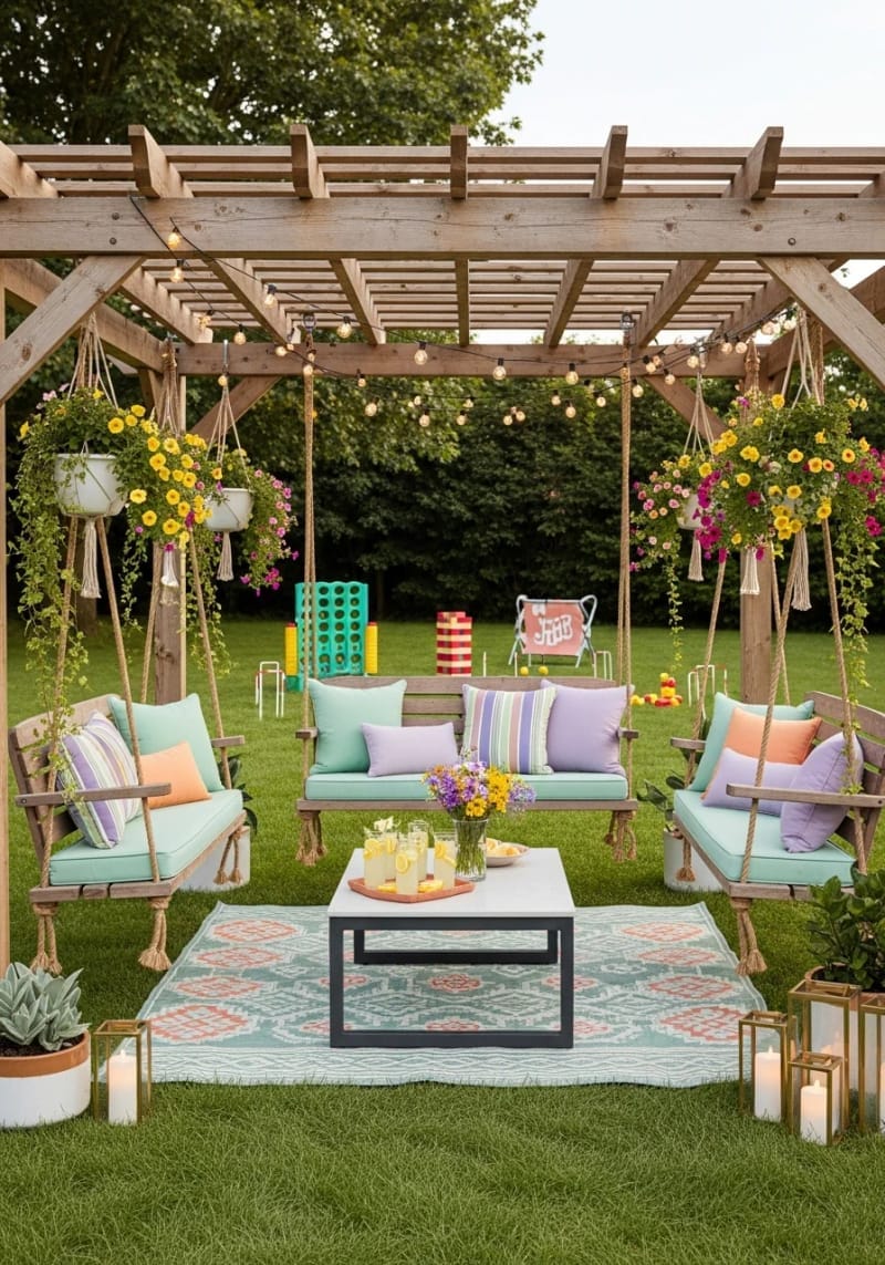 pergola with built-in bench swings and playful backyard decor 1