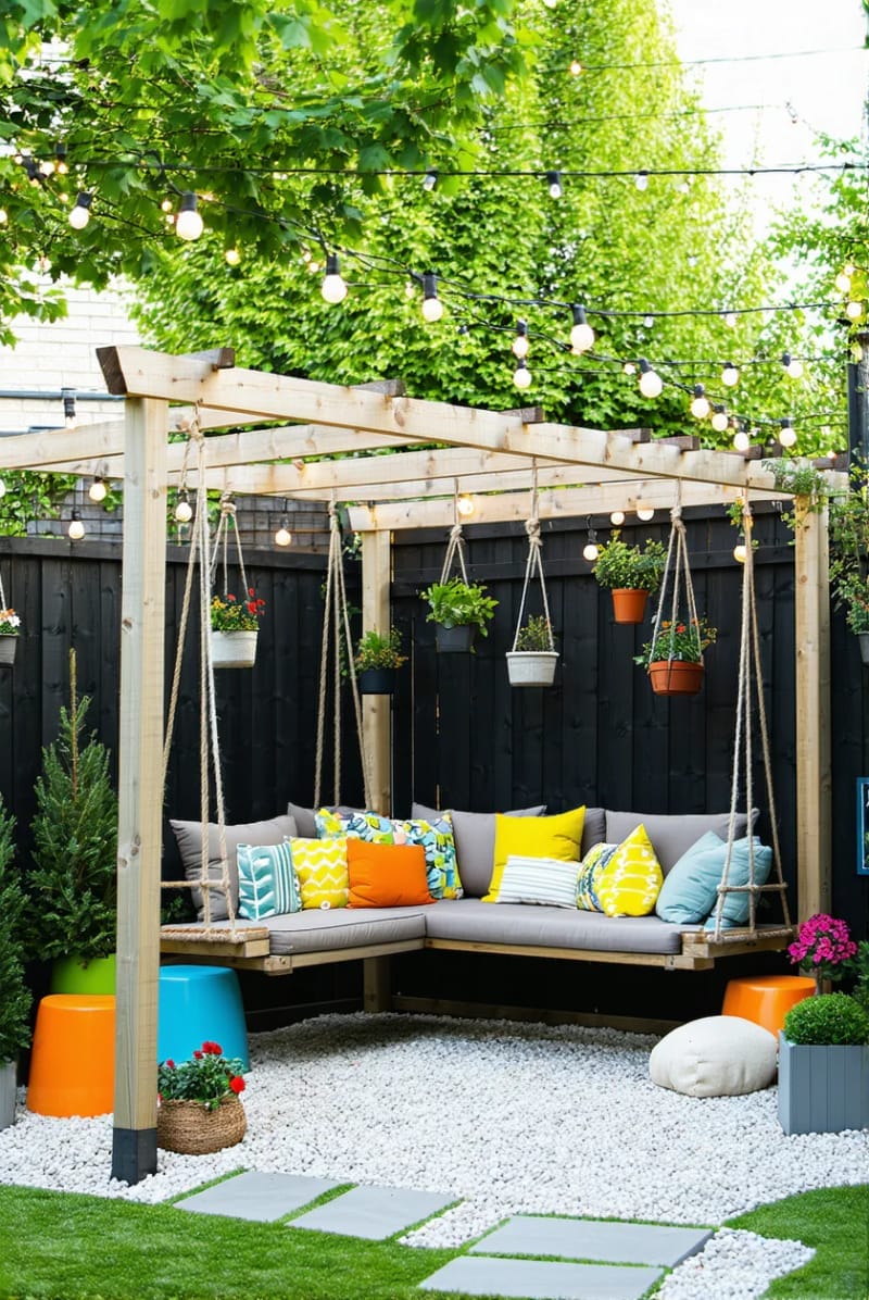 pergola with built-in bench swings and playful backyard decor 1