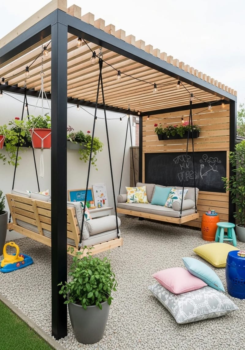 pergola with built-in bench swings and playful backyard decor 1