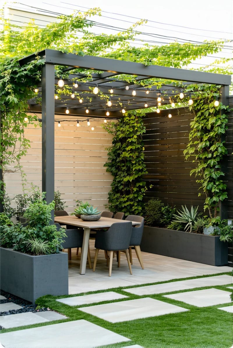 pergola with built-in planter boxes and cascading greenery 1