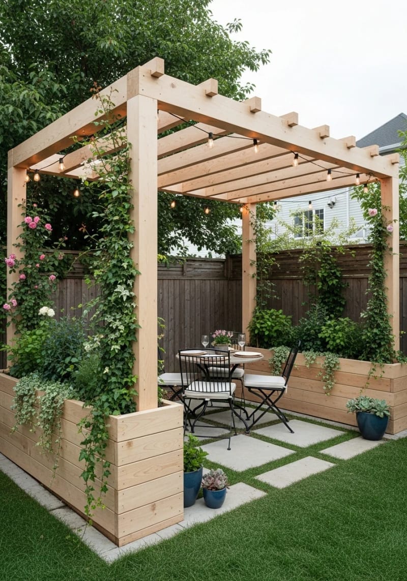 pergola with built-in planter boxes and cascading greenery 1