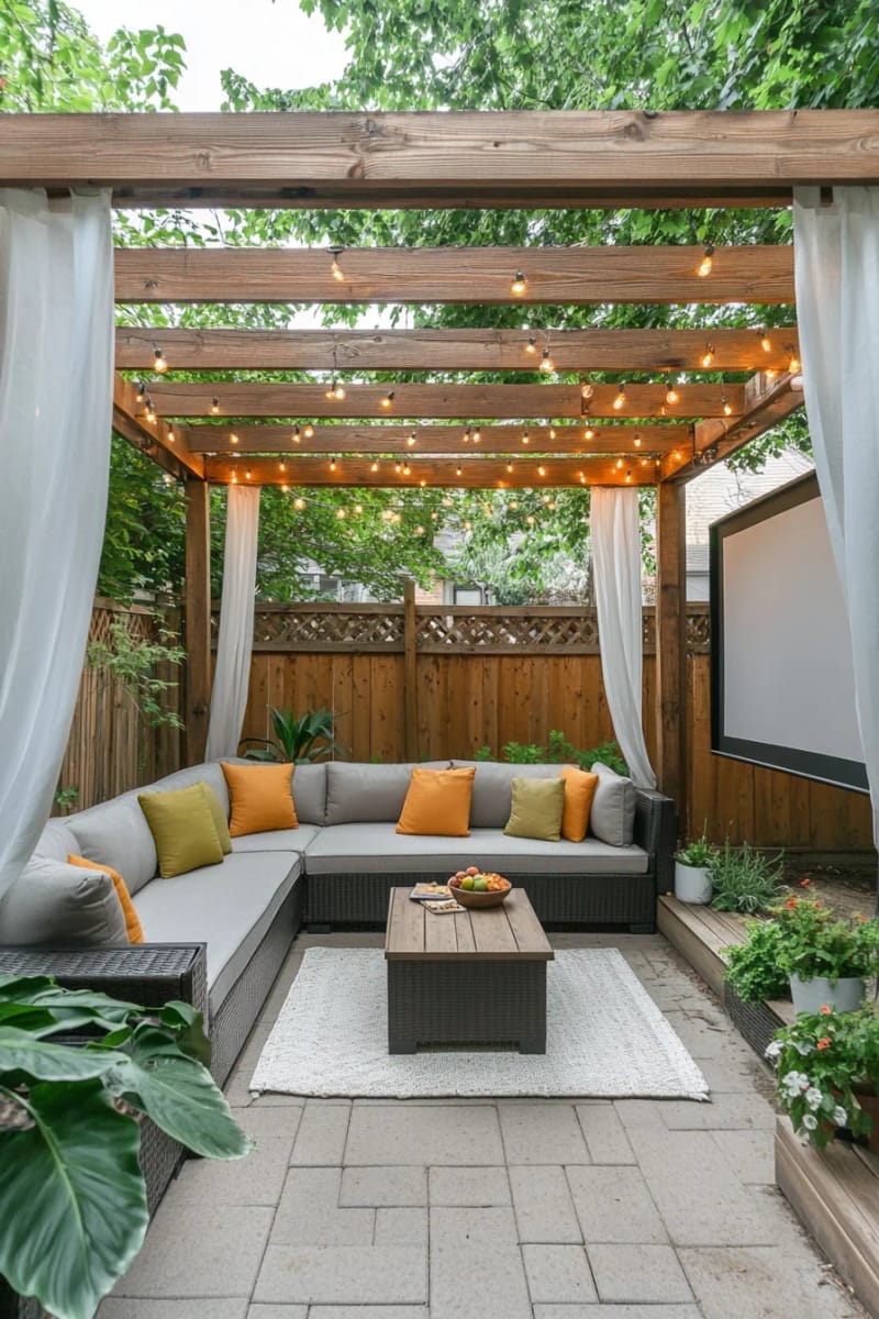 pergola with retractable curtains and outdoor movie projector setup 1
