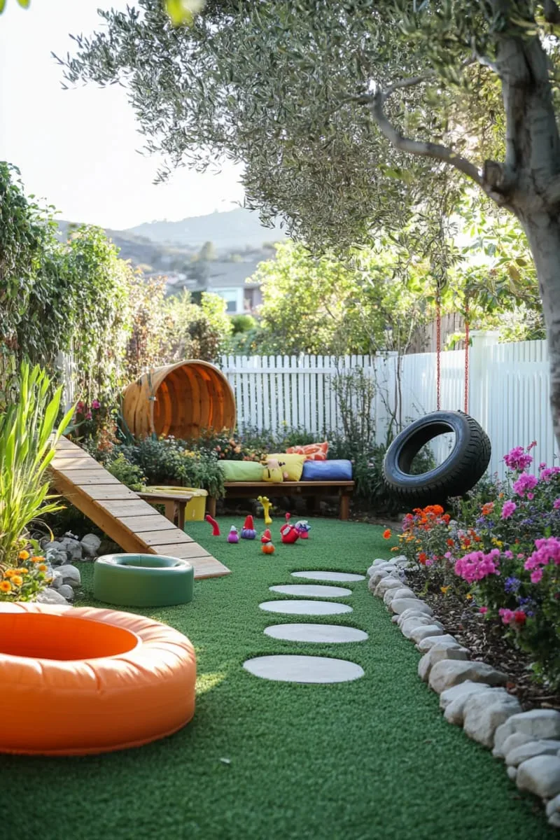 27 New Small Backyard Designs to Copy For Your Outdoor Space 22 pet-friendly turf lawn and playful obstacle course 1